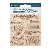 Decorative Chips Stamperia 14x14  cms. Magic Forest escritura y placas