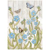  Papel Arroz   Stamperia A-4  Romantic Garden House flores azules y mariposa