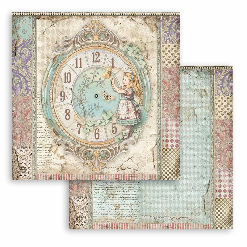 Hoja 30x30 cms. Stamperia Alice Reloj