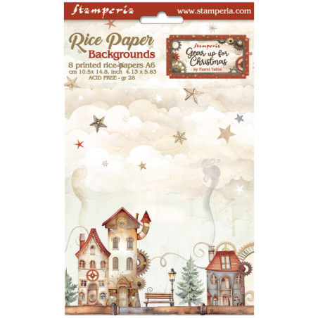 Kit 8 Papeles Arroz A-6 Stamperia Fondos Gear up for Christmas