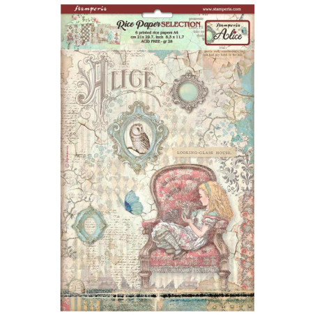 Kit 6 Papeles Arroz A-4 Stamperia Alice Forever